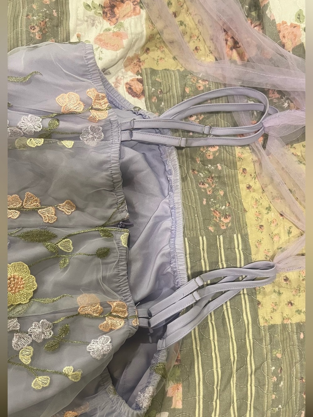 BIG SALE(3for $50)- Lilac Floral Embroidered Midi Dress with Tie-Shoulder Straps - Picture 8 of 8